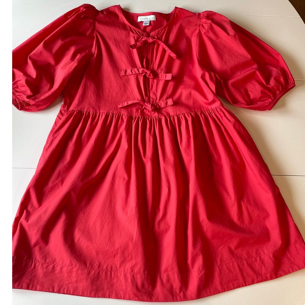 Band of the Free Babydoll Mini Dress Sz L Cotton Puff Sleeves Front Ties Red - Picture 6 of 10